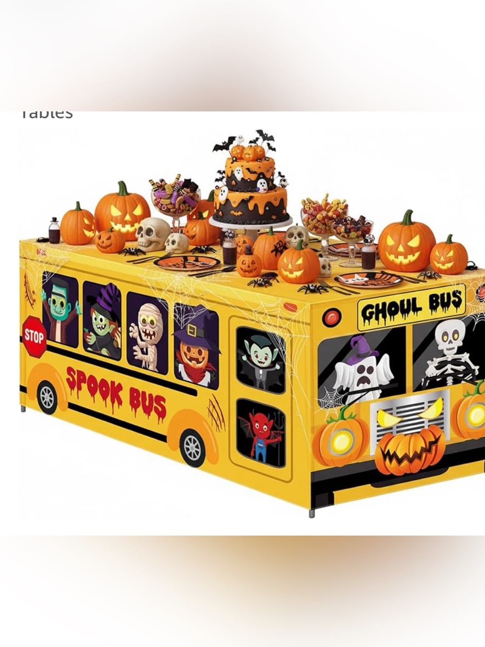 Yellow Halloween Party Table Cover with Spooky Bus Design